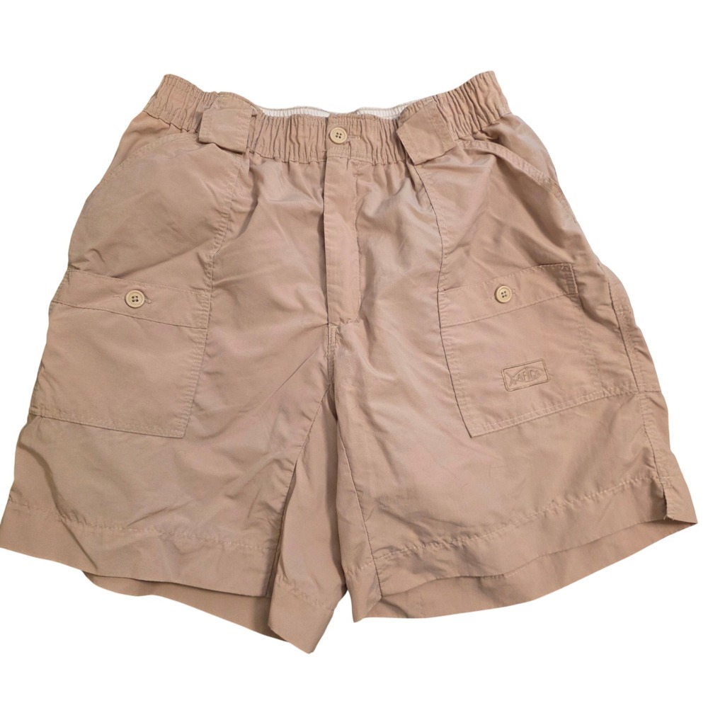 AFTCO Mens M01 Original Fishing Shorts Tan Khaki Nylon Size 32 Elastic Waist